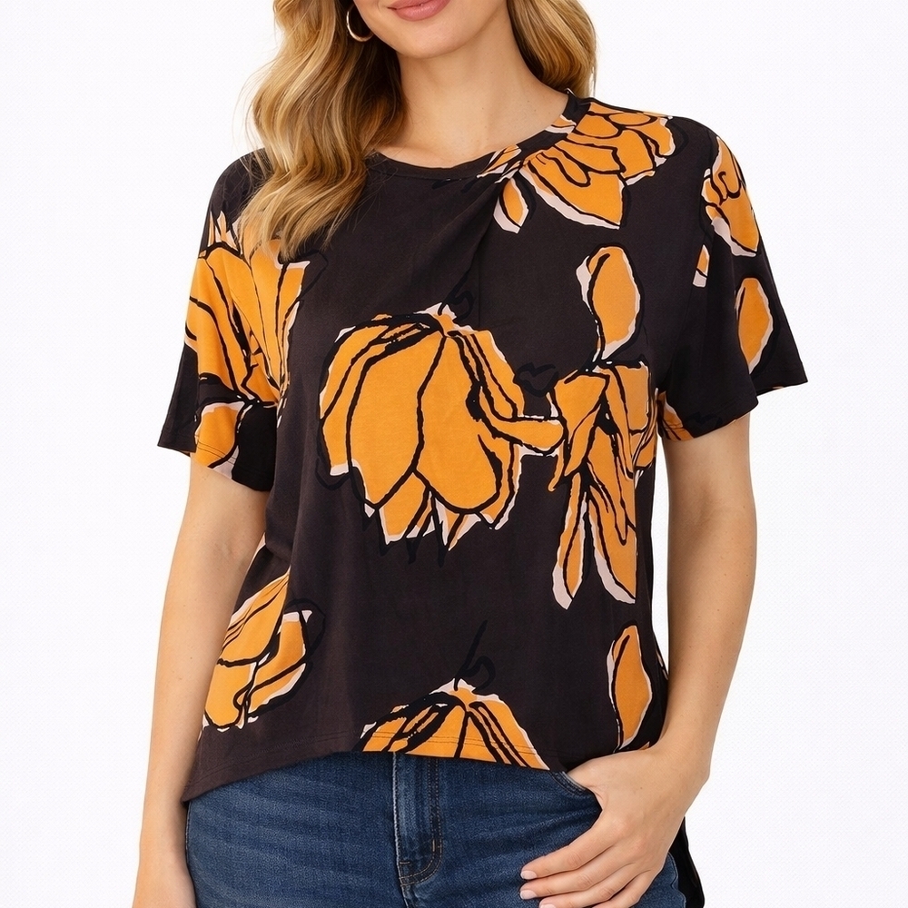 Vtg GAP Floral Mod Twisted Crew Neck Short Sleeve High Low Top